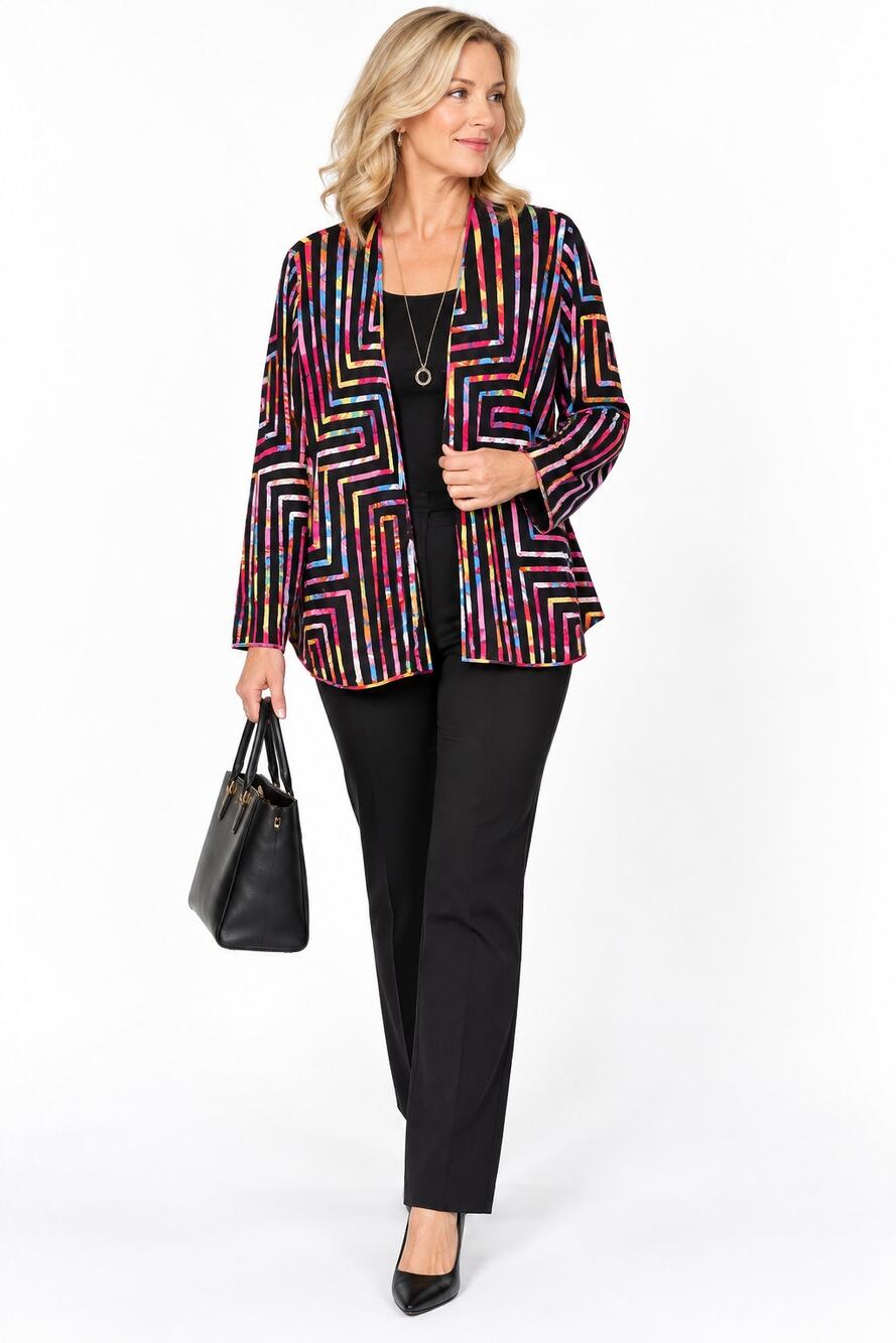 DRR Ulla Popken Size 16 18 Black Multicolor Geometric Open Front Jacket